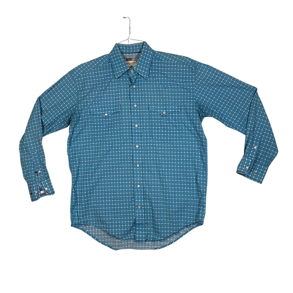 Panhandle Rough Stock Mens Turquoise Blue Geometric Pearl Snap Western Shirt M